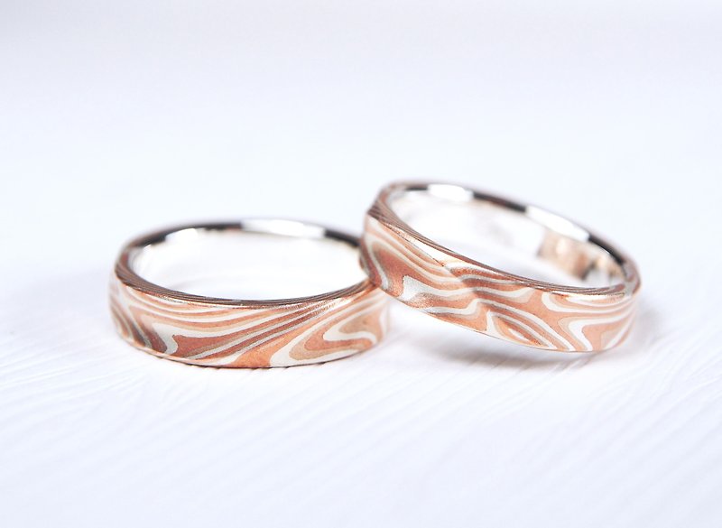 Wooden gold ring/three-color Silver and Bronze/customized wedding ring/wedding ring/wooden gold ring - Couples' Rings - Precious Metals Multicolor