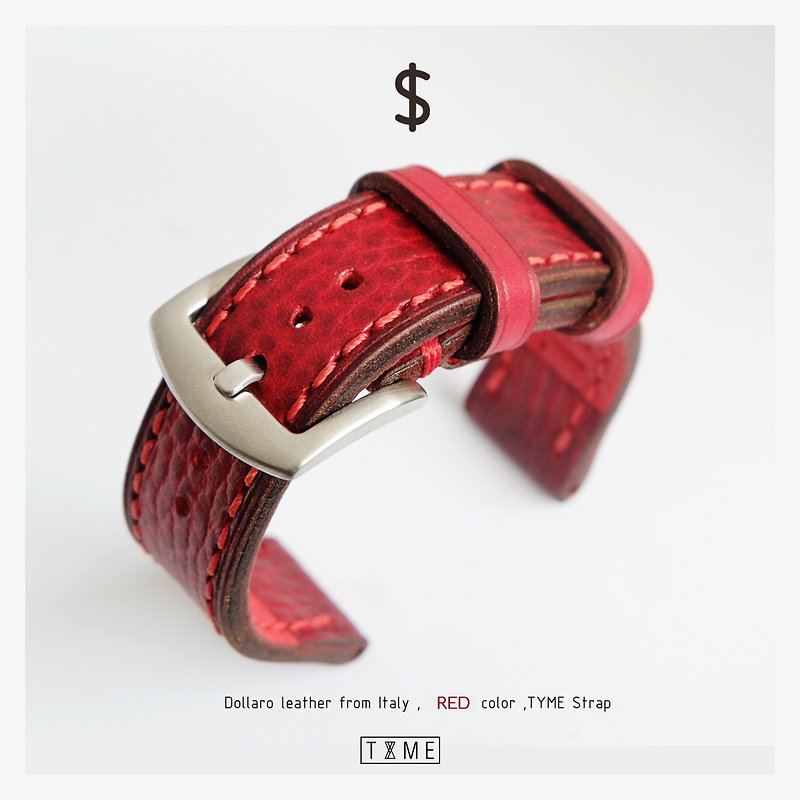 Genuine leather watch strap,Red color, Dollar model, vintage style, beautiful - 錶帶 - 真皮 紅色