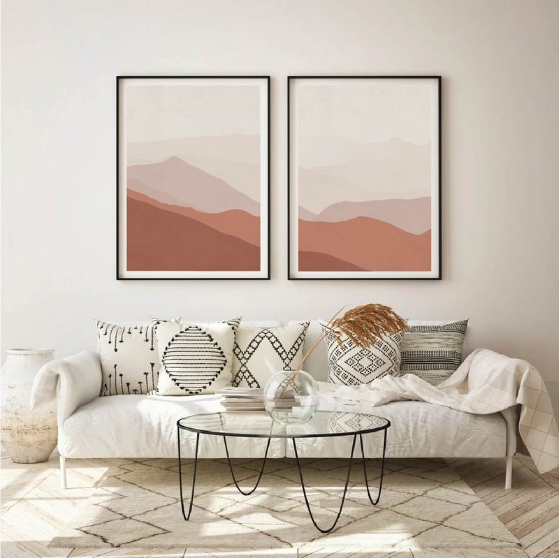 Electronic file, set of 2 posters, mountains, wall art, like Yanhui, home decor - โปสเตอร์ - วัสดุอื่นๆ สีส้ม