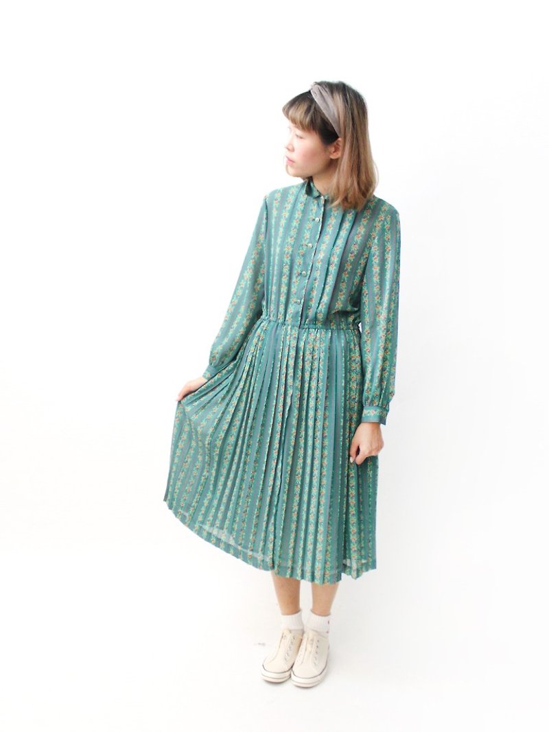 【RE0614D1247】初夏日本製復古典雅綠色碎花薄長袖古著洋裝 - 洋裝/連身裙 - 聚酯纖維 綠色