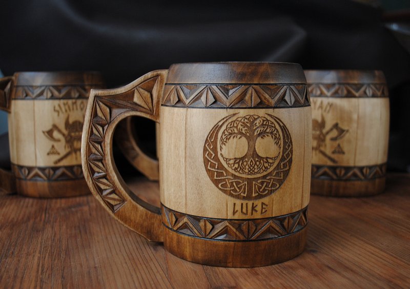 Wooden beer mug Tree of life Man birthday gift anniversary gift viking gift - 咖啡杯/馬克杯 - 木頭 