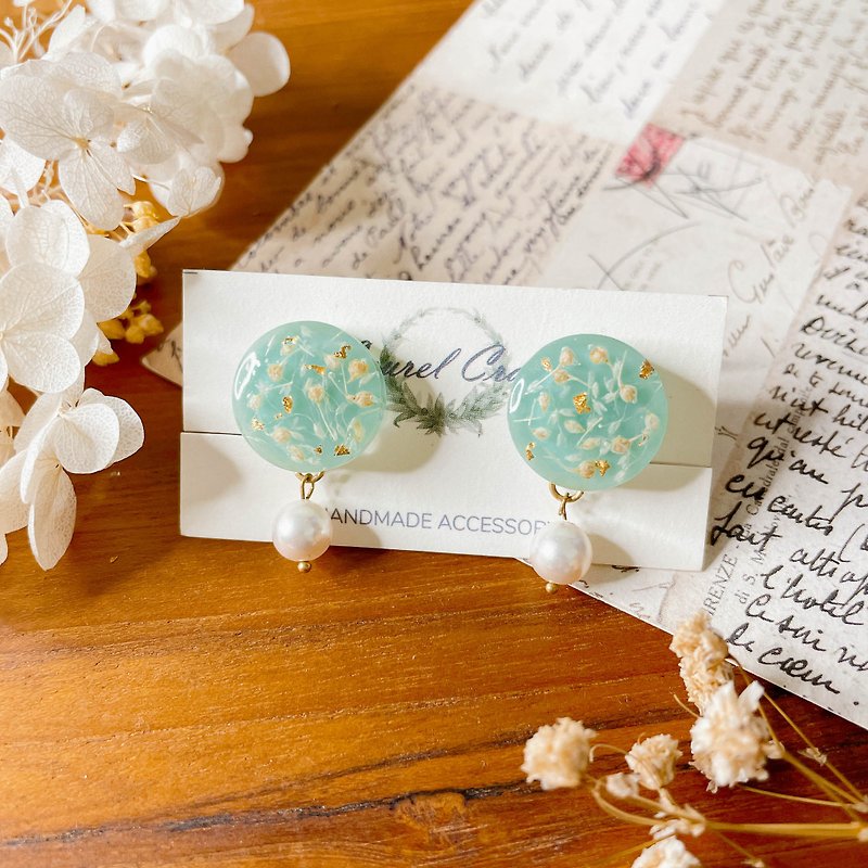 Morandi series turquoise liberty pearl large 925 silver earrings/ clip on - Earrings & Clip-ons - Plants & Flowers Green