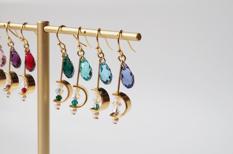 Rainbow Crystal Series-Half Moon (cold color) earrings, ear hooks, Clip-On - Earrings & Clip-ons - Crystal Multicolor