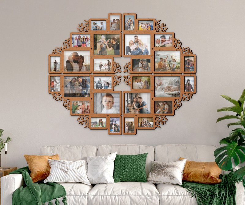 Wall-mounted split photo frame collage Family tree wall art Custom color - 相框/畫框 - 木頭 橘色