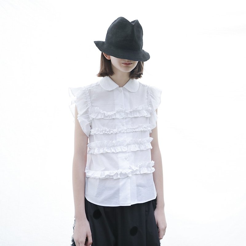 白色花邊翼袖襯衫 - imakokoni - 女襯衫 - 棉．麻 白色