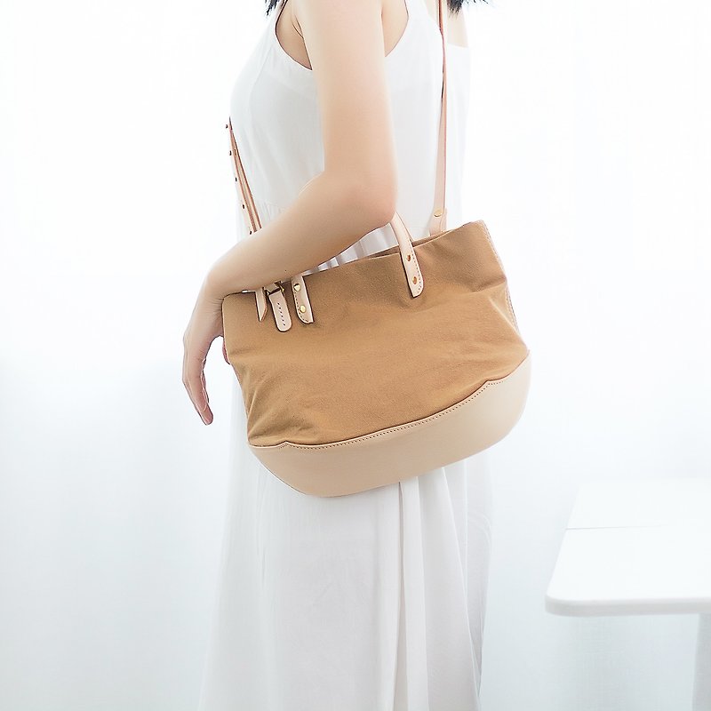 [Canvas meets leather] Summer portable mini canvas handbag dual-use Messenger bag - Messenger Bags & Sling Bags - Genuine Leather Multicolor