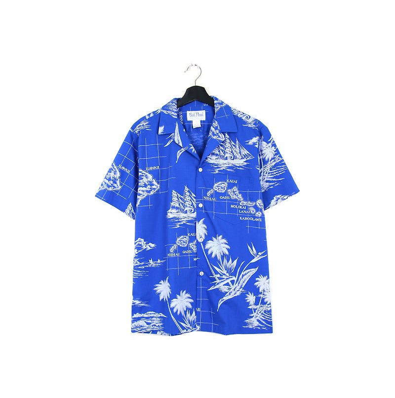 Back to Green :: Channel direction // Men and women can wear // vintage Hawaii Shirts (H-27) - Men's Shirts - Cotton & Hemp Blue