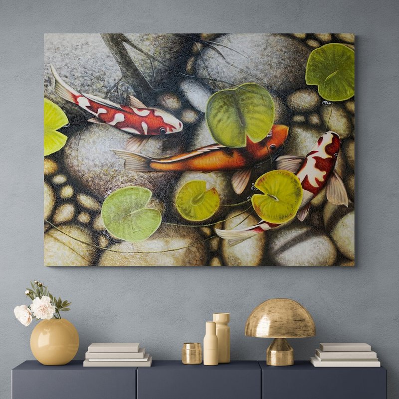 Koi Fish Painting Original Artwork on Canvas Feng Shui Lotus Painting Wall Art - Wall Décor - Other Materials Brown