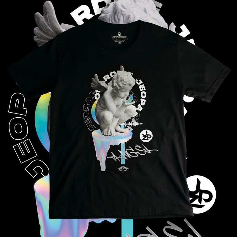 เสื้อยืดคอกลมแนวสตรีท : Cupid Graphic Tee Shirt - เสื้อยืดผู้ชาย - ผ้าฝ้าย/ผ้าลินิน สีดำ