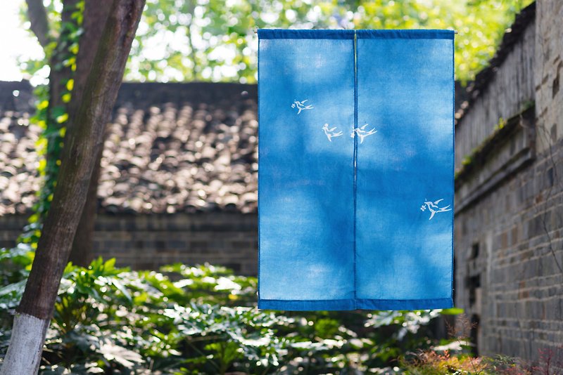 Yanlai Door Curtain Handmade Vegetal Dyed Blue Dyed Indigo Type Dyed Original Design Linen Chinese Japanese Style Partition Curtain - Doorway Curtains & Door Signs - Cotton & Hemp Blue