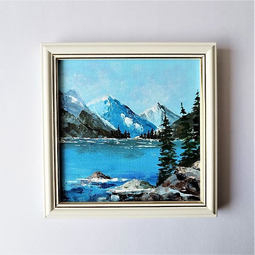 Artpainting 山水原畫。山湖是一件藝術品。山間小牆裝飾