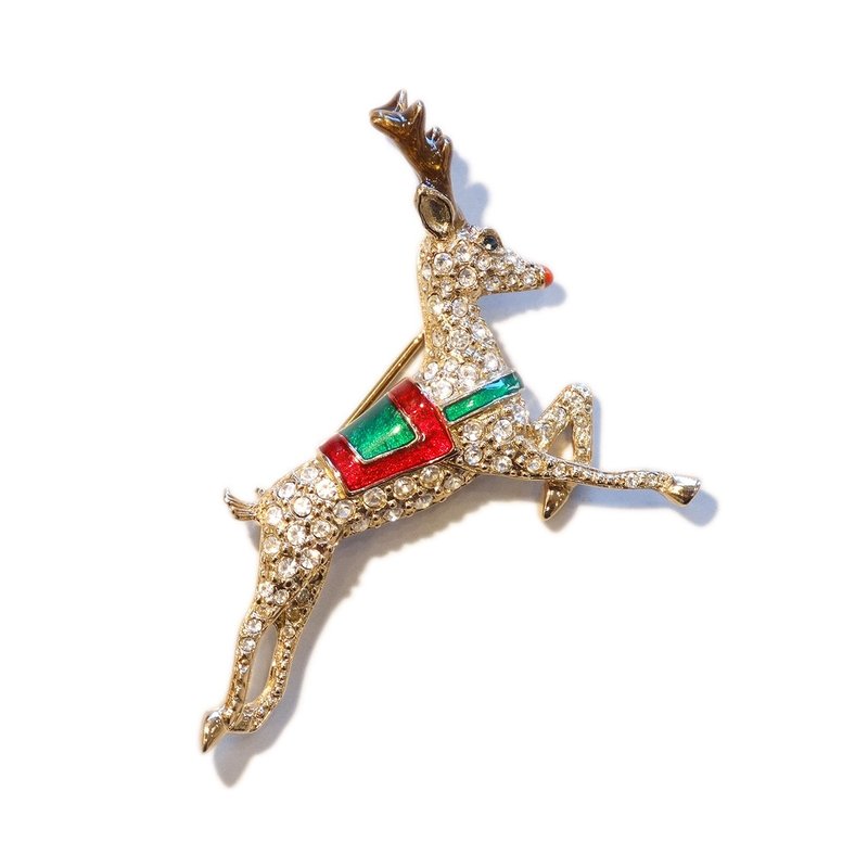 Christmas Reindeer Rhinestone Brooch - เข็มกลัด - โลหะ สีทอง