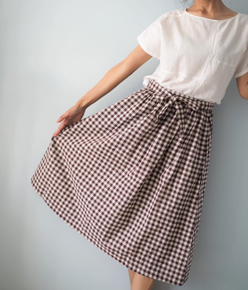 Gingham Skirt - 裙子/長裙 - 棉．麻 咖啡色