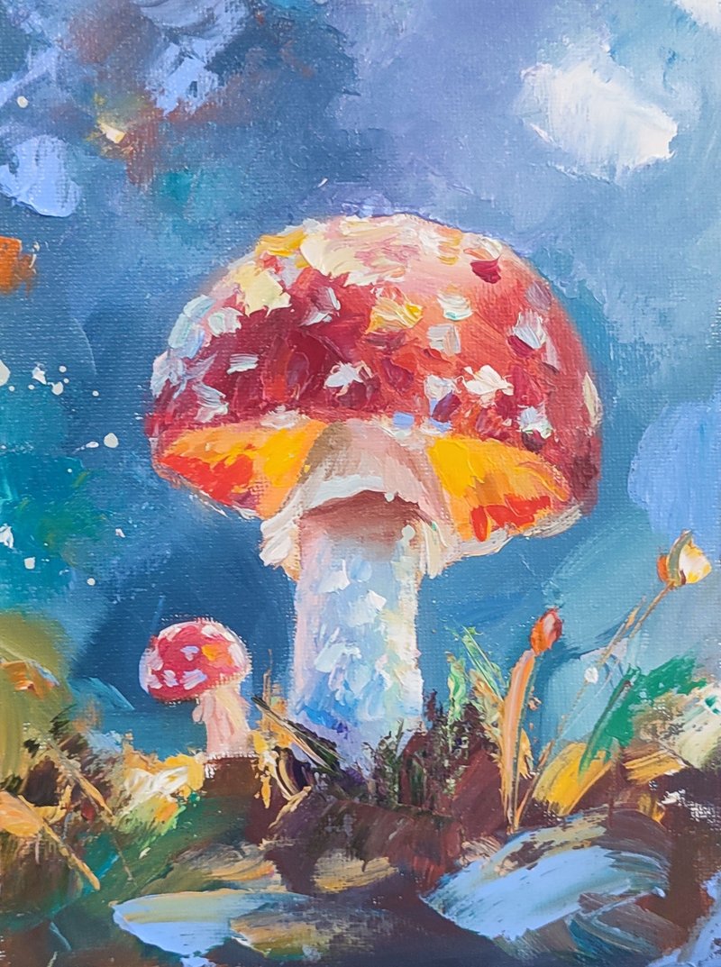 Fly agarics small oil painting  Amanita painting Fungus painting Mushrooms Art - 壁貼/牆壁裝飾 - 其他材質 紅色