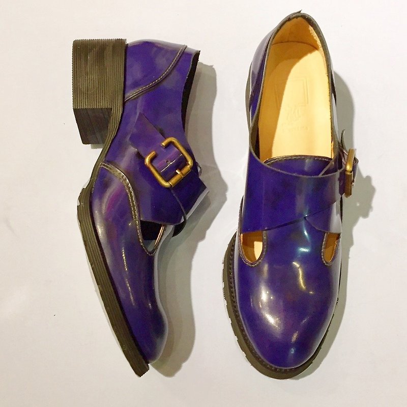 畫兒#8029||小牛皮扣環低跟鞋 擦色幻紫  || - 女牛津鞋/樂福鞋 - 真皮 紫色