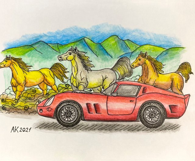 車と馬の水彩画、フェラーリ 250GTO、アートワーク、イラスト