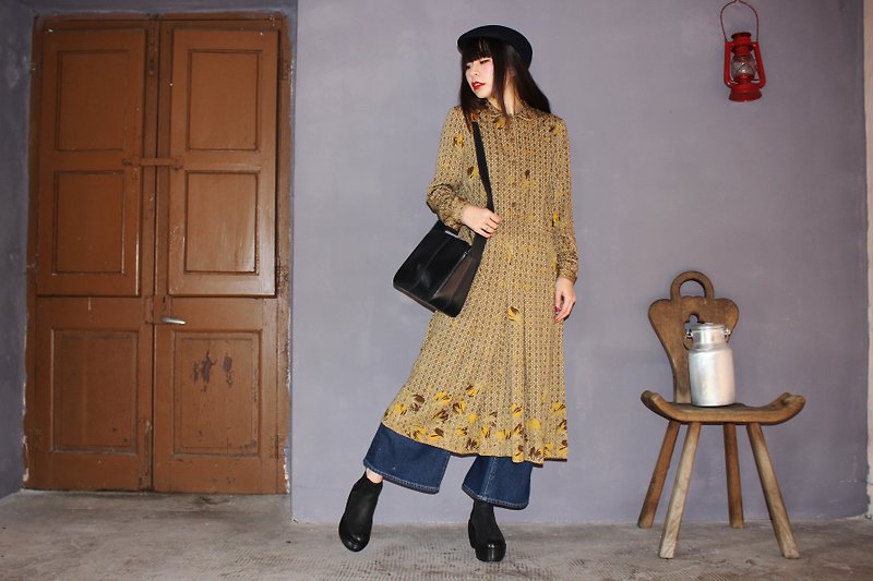 [Vintage洋裝](法國製)PIERRE CARDIN PARIS褐色花紋長袖古著洋裝F3110 - 連身裙 - 羊毛 咖啡色