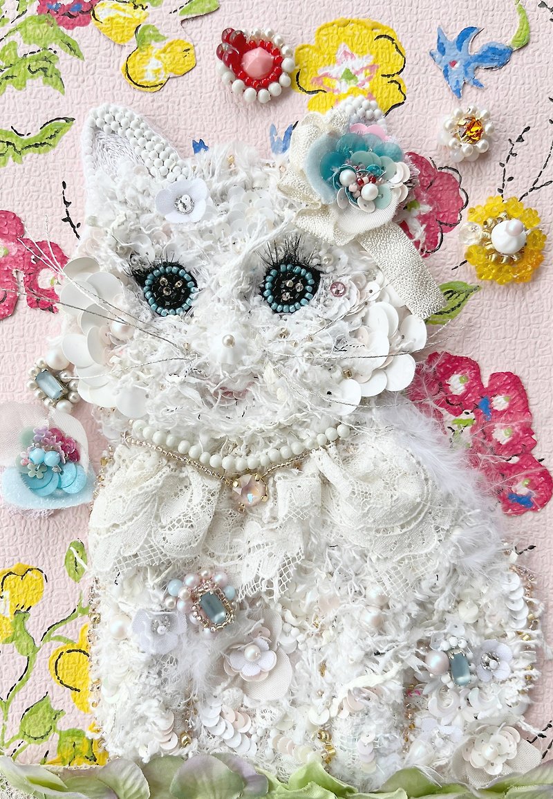 Beads Embroidery  White cat - ตกแต่งผนัง - งานปัก 