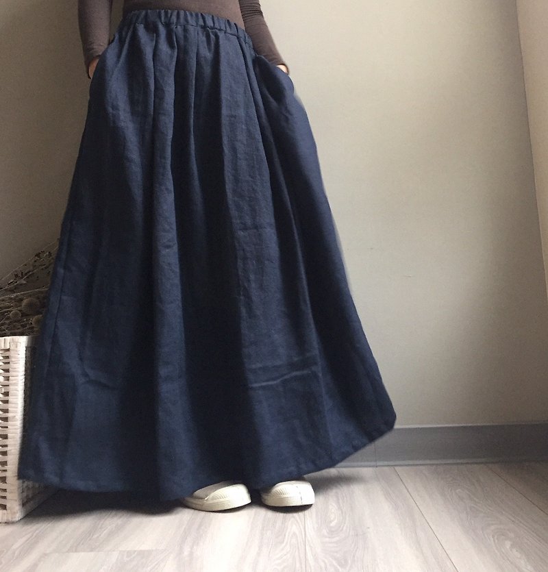 *Fog in the forest*European elegant dark blue pockets and long skirt / 100% linen - Skirts - Cotton & Hemp 
