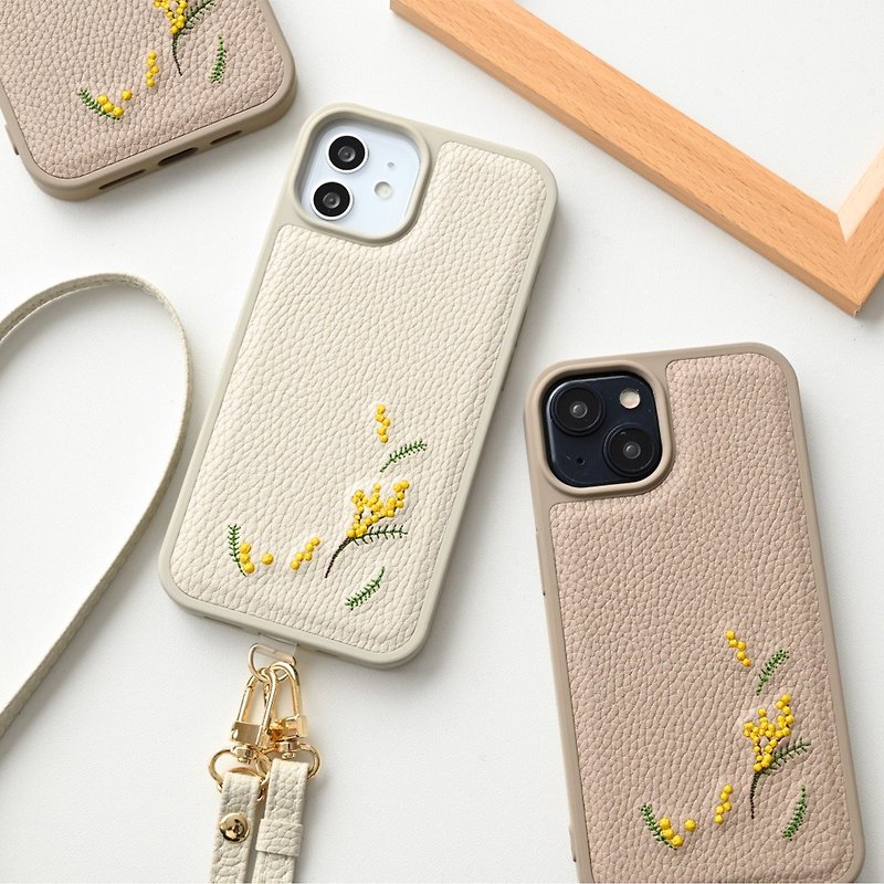 Color Rear Case [Simple Embroidery Mimosa] iPhone Smartphone Case Smartphone Shoulder Flower lover A277I - Phone Cases - Faux Leather Brown