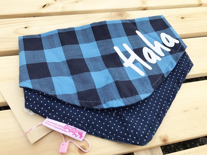 Dark blue lattice custom name double-sided triangle scarf - Clothing & Accessories - Cotton & Hemp Multicolor
