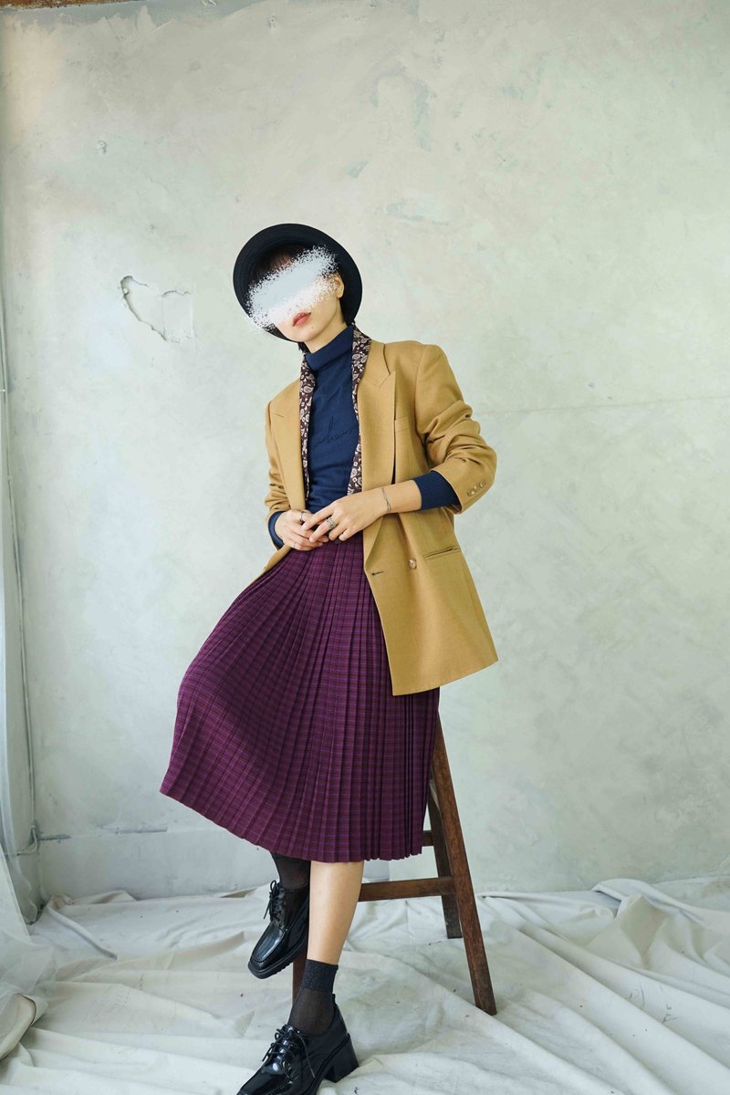 Treasure Hunt Vintage-Dark Purple Plaid Pleated Wool Knitted Over-the-Knee Skirt - กระโปรง - ขนแกะ สีม่วง