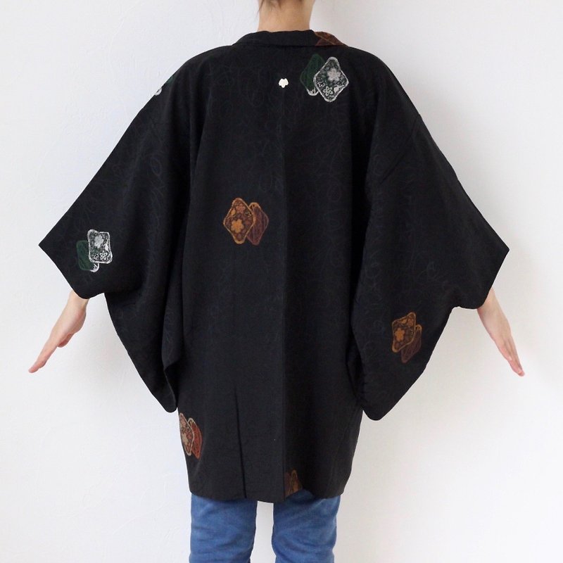 floral kimono, Japanese silk kimono, black kimono, kimono outfit /3659 - 外套/大衣 - 絲．絹 黑色