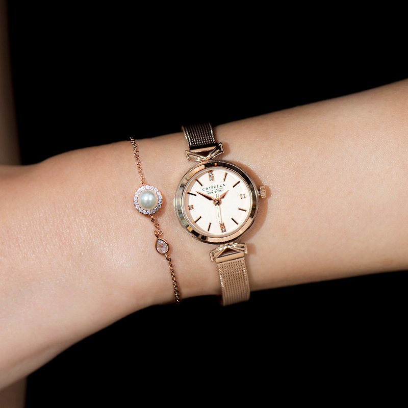 復古小巧鋼織帶石英手錶配珍珠手鏈套裝 - 女裝錶 - 其他金屬 多色