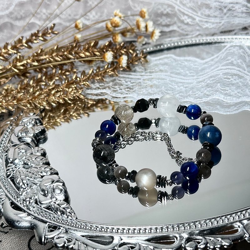 靛靚星空水晶設計手串 - 魔鬼海藍寶、藍晶石、星輝骨幹、白幽靈 - 手鍊/手環 - 水晶 藍色