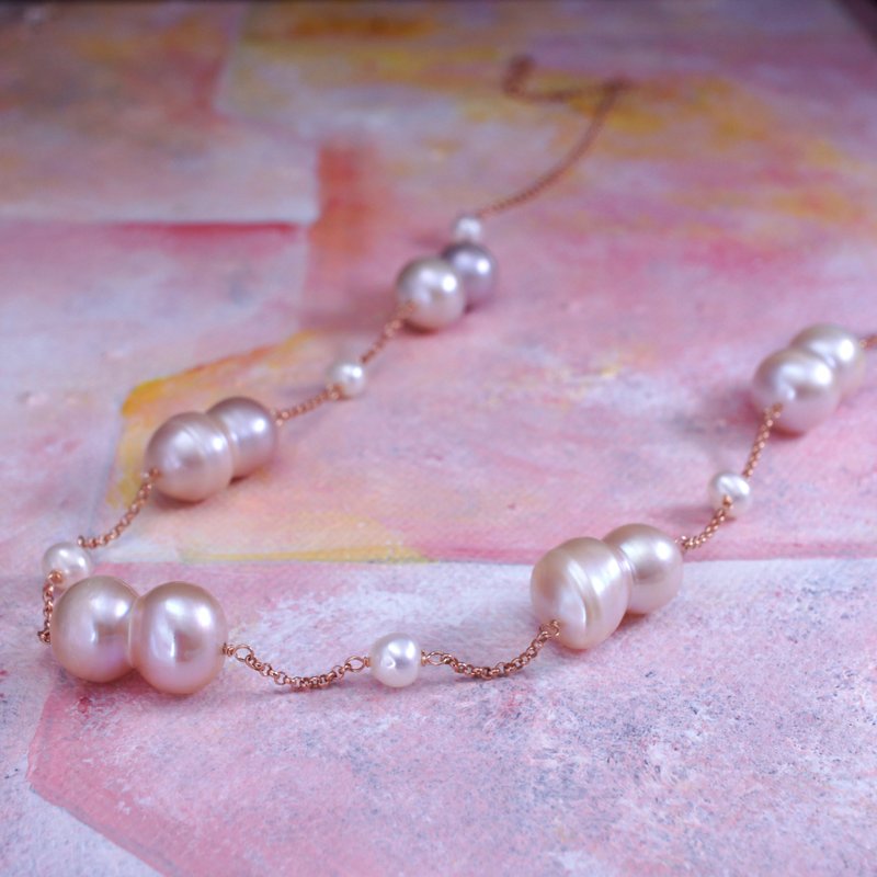 TWINS -  19x10mm Peanut Pink Pearl 18K Rose Gold Plated Silver Necklace - Necklaces - Pearl Pink