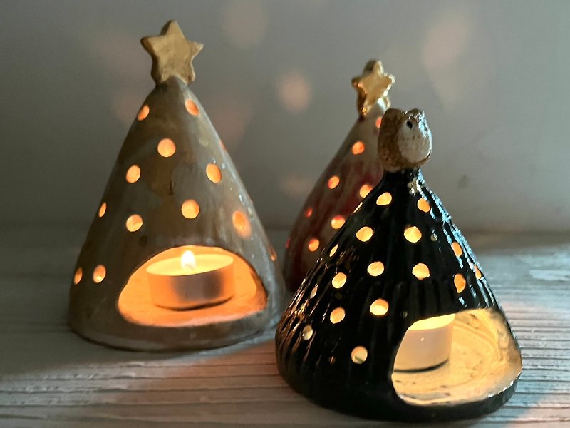 Christmas tree candle holder - matte gold polka dot Christmas tree_ceramic candle holder - Candles & Candle Holders - Pottery Khaki