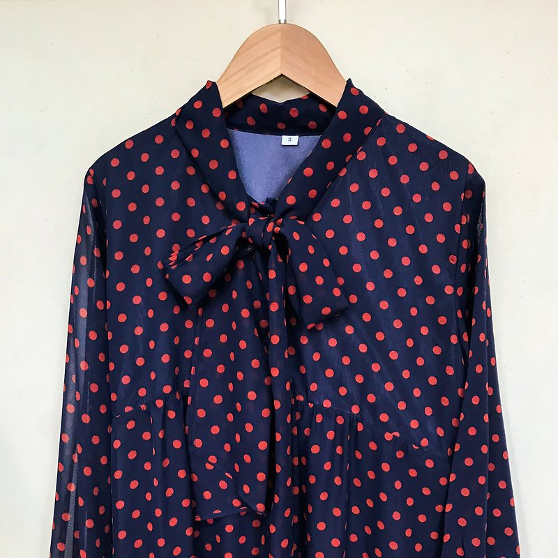 Dress / Navy Blue and Red Polka Dots Long Sleeves Dress - One Piece Dresses - Polyester Blue