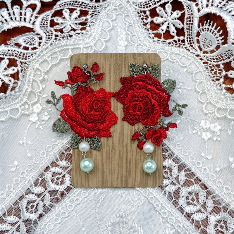 Embroidery Red Rose Handmade Earring - Earrings & Clip-ons - Thread Red