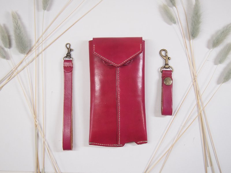 Leather phone case with wristband keychain with rose red 5.5 inches - เคส/ซองมือถือ - หนังแท้ สีแดง