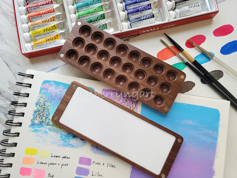 Wooden watercolor palette 24 wells, portable wooden palette, tiny palette - วาดภาพ/ศิลปะการเขียน - ไม้ สีนำ้ตาล