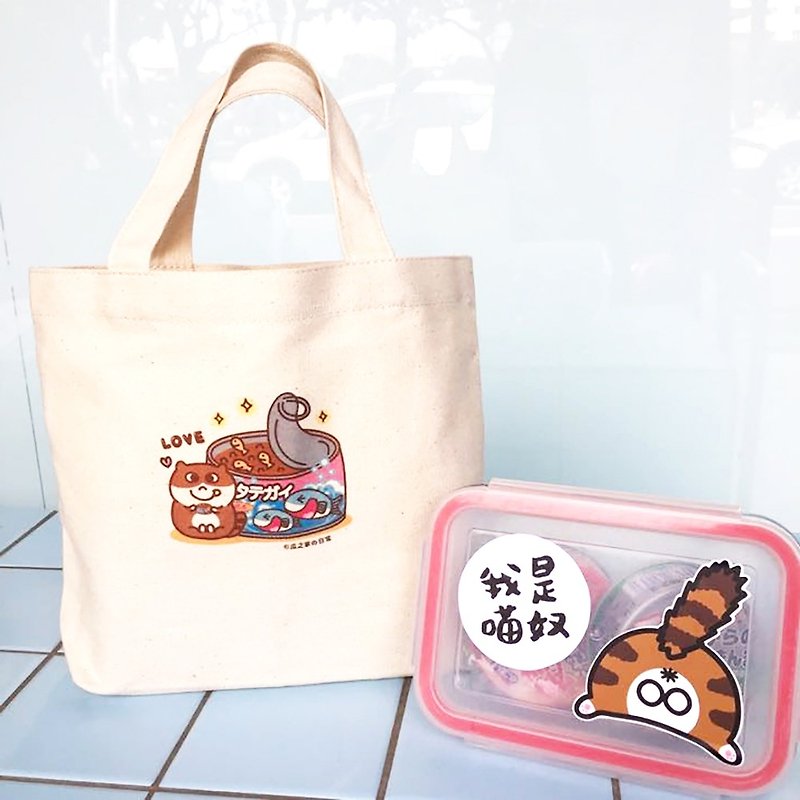 Cat cans の daily canvas tote bag (lunch bag) hand-printed Canvas bag - กระเป๋าถือ - ผ้าฝ้าย/ผ้าลินิน ขาว