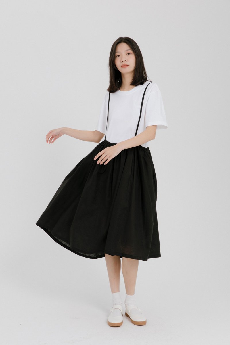 Black Linen and linen spaghetti strap tutu dress - ชุดเดรส - ผ้าฝ้าย/ผ้าลินิน สีดำ