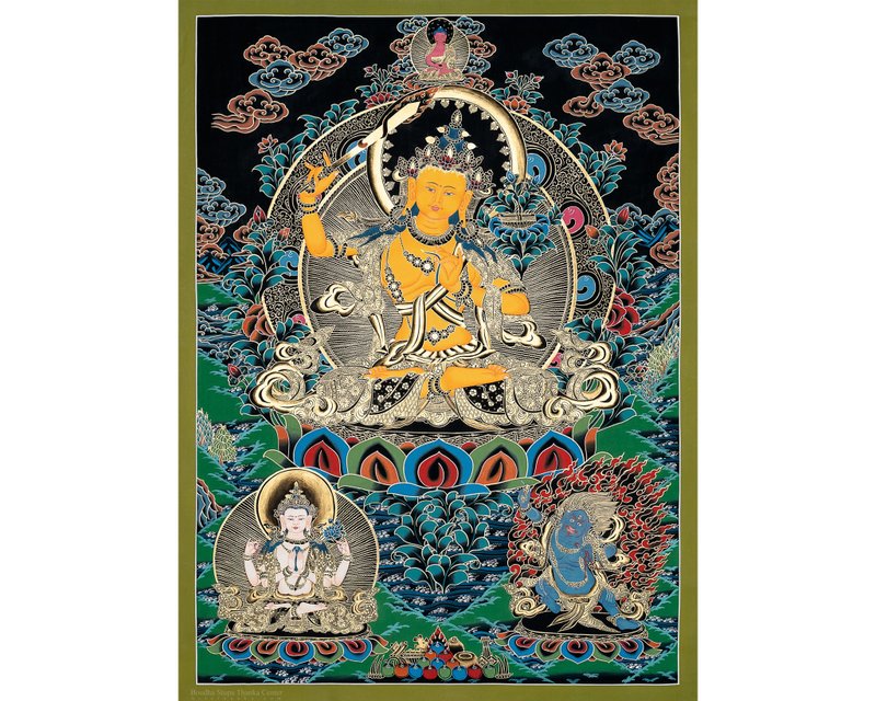 Handpainted Manjushree thangka: Emblem of Boundless Love - Wall Décor - Other Materials Multicolor