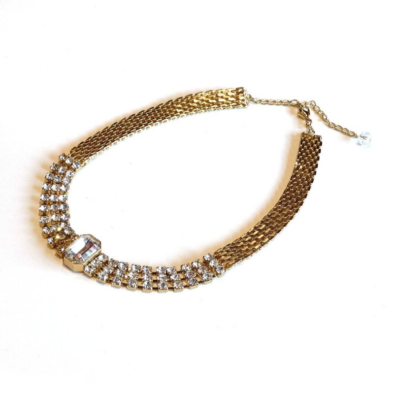 80s Vintage clear rhinestones gold choker necklace - สร้อยคอ - โลหะ สีทอง