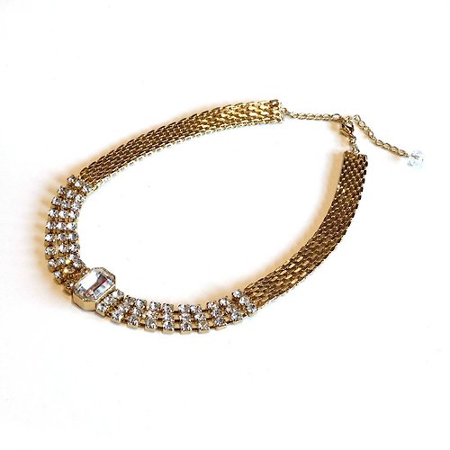 panic-art-market 80s Vintage clear rhinestones gold choker necklace