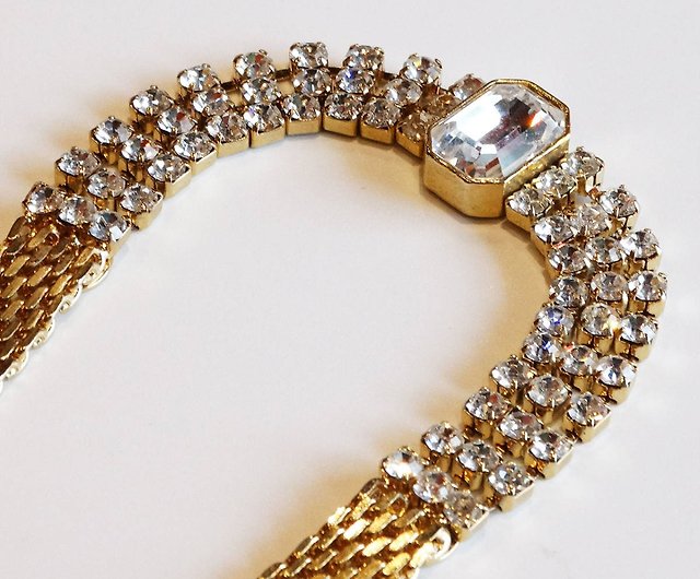 80s Vintage clear rhinestones gold choker necklace - Shop panic 