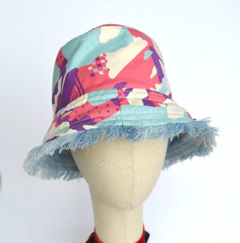 山形の幾何学プリント装飾的なフリンジデニムベル状のキャップ - 帽子 - コットン・麻 多色