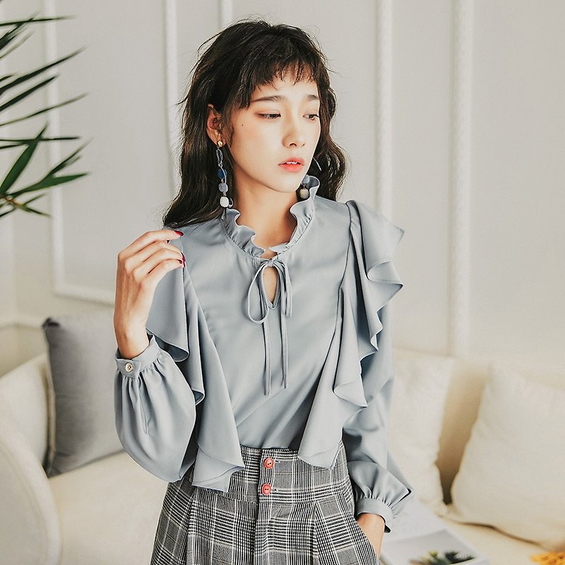 [This section participates in 199 optional 2] 2018 women's autumn wear solid color lotus leaf collar shirt - Women's Shirts - Polyester Blue