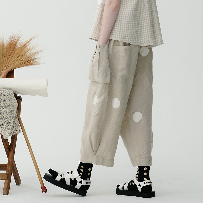 Dotted linen slacks / large pockets - Women's Pants - Cotton & Hemp Khaki