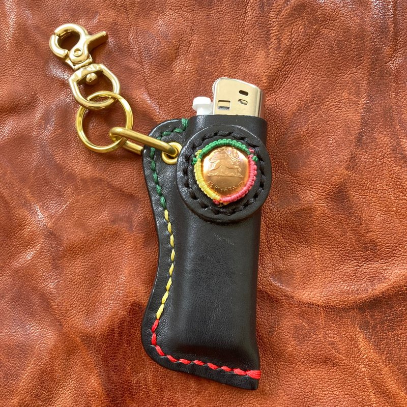 -Ethiopia 1 Santim Coin- Macrame Leather Lighter Cover - อื่นๆ - หนังแท้ สีดำ