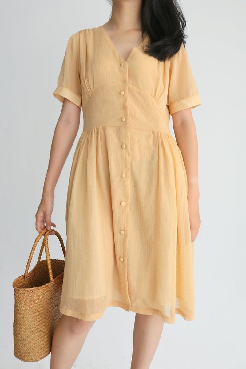 Bella Dress 杏黃色緹花雪紡復古及膝洋裝 - 洋裝/連身裙 - 聚酯纖維 