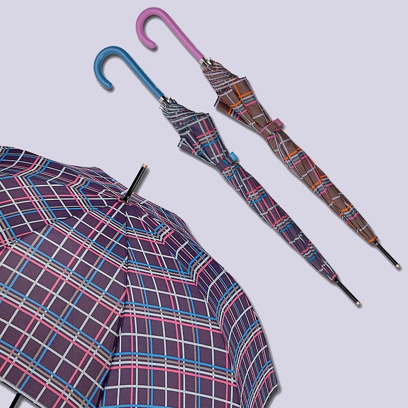【西班牙 bisetti】復古格紋抗UV直骨傘 - 雨傘/雨衣 - 防水材質 粉紅色