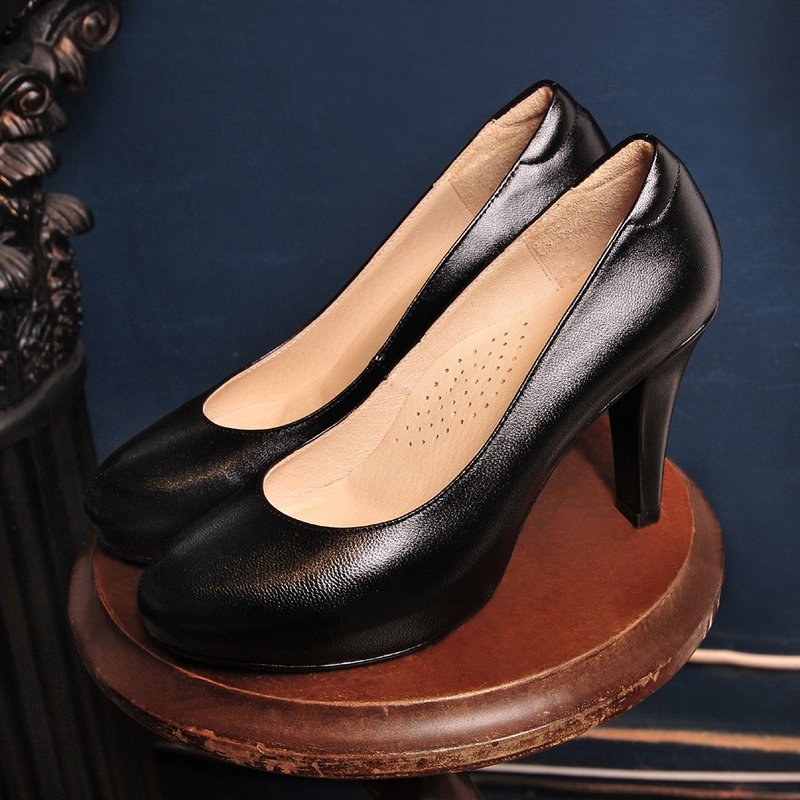 karine genuine leather plain 10CM black high heels - รองเท้าส้นสูง - หนังแท้ 