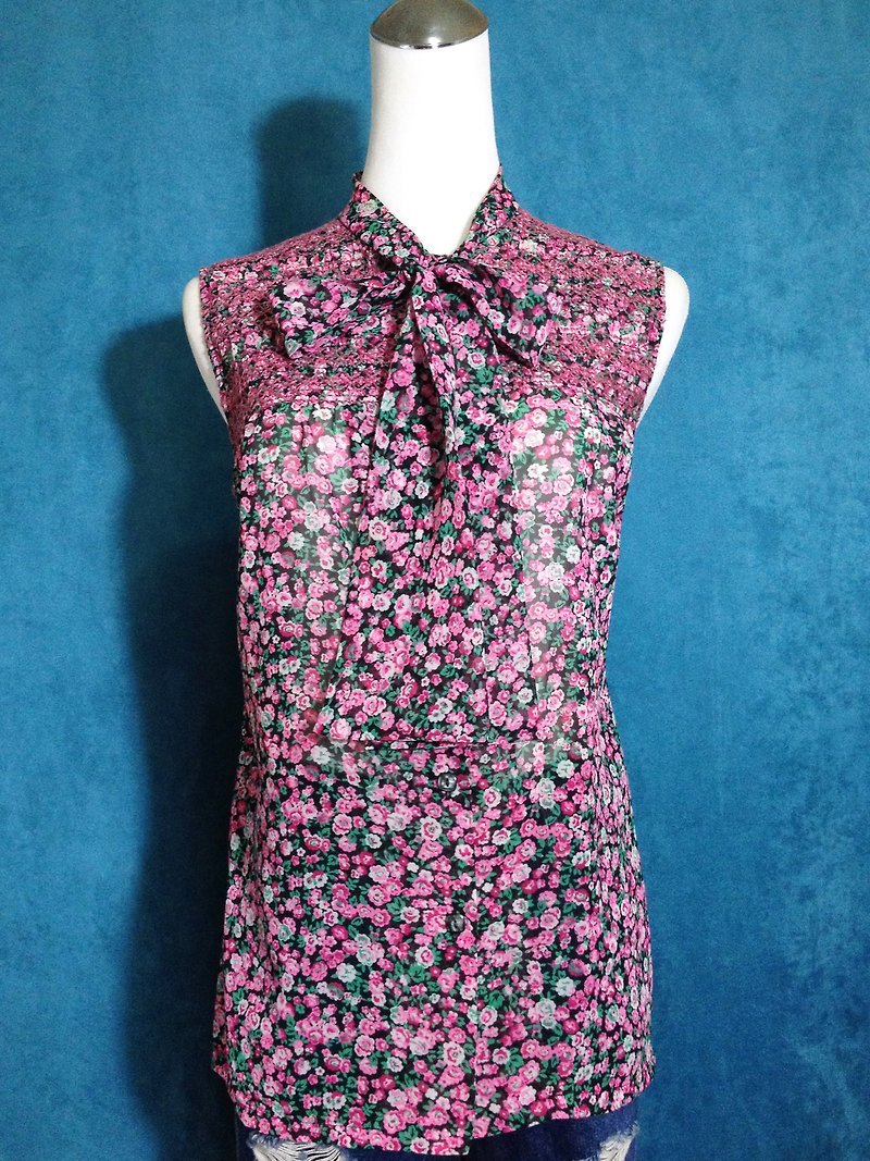 Ping-pong vintage [vintage shirt / tie Spiraea flowers chiffon sleeveless vintage shirt] abroad back VINTAGE - Women's Shirts - Polyester Pink