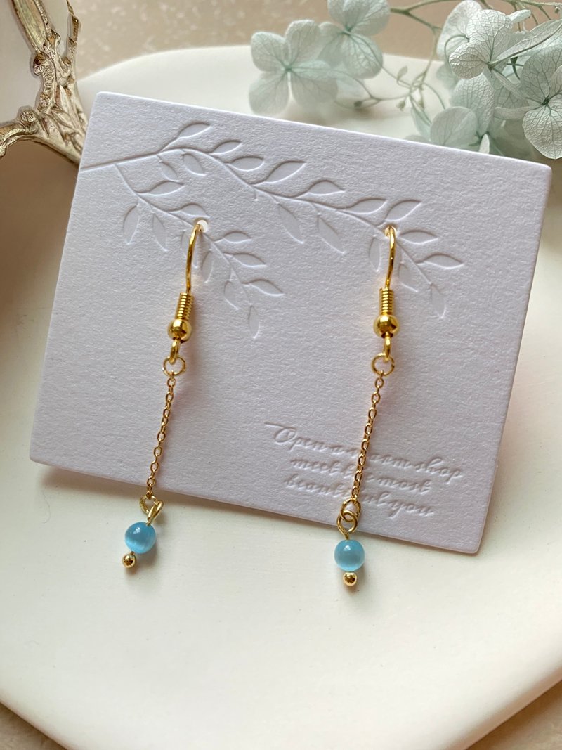 [Kimiko Handmade Jewelry] Aqua Blue Cat's Stone Long Thin Chain Earrings - Earrings & Clip-ons - Stone Blue